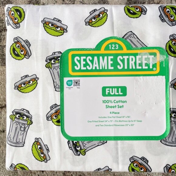 Sesame Street 100% Cotton 4-pc Full Size Sheet Set Oscar The Grouch - Picture 1 of 2